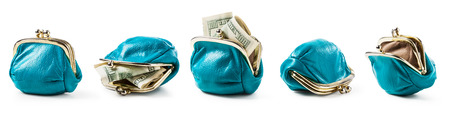 Blue coin purse empty and with money collection isolated on white background. Hundred dollar banknotes in female wallet. Saving money concept design elements banner
の写真素材