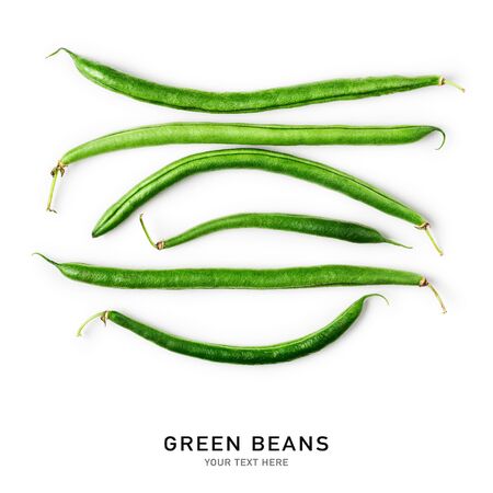 Fresh green beans as creative layout isolated on white background. Healthy eating and food concept. Garden vegetables composition. Flat lay, top view. Design element
の写真素材