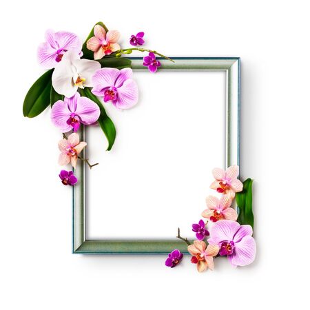 Flower composition. Creative layout made with wooden frame and orchid flowers isolated on white...