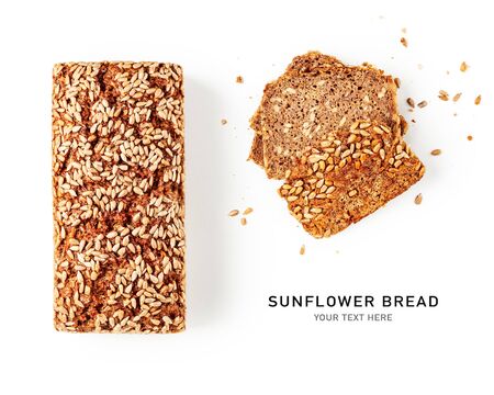 Fresh bread creative layout isolated on white background. Sliced whole grain rye bread with sunflower seeds composition. Healthy eating and dieting concept. Top view, flat lay. Design elements
の写真素材