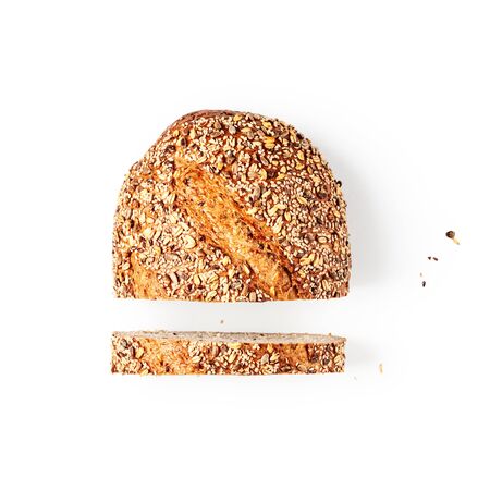 Multi grain bread creative composition isolated on white background clipping path included. Sliced...