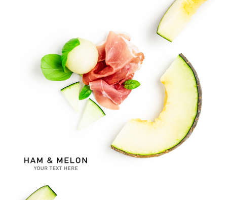 Ham prosciutto with melon creative layout isolated on white background. Fine meat and healthy eating, food concept. Composition and design element. Top view, flat lay
の写真素材