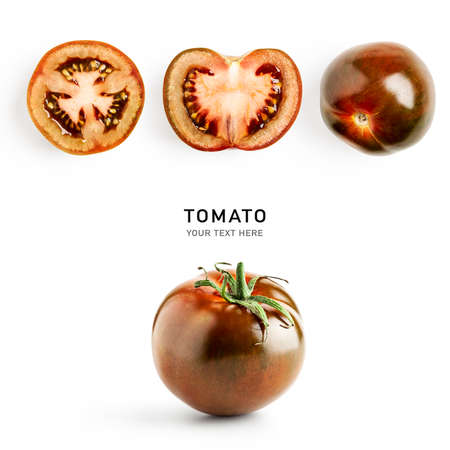 Fresh tomato creative composition isolated on white background. Food, healthy eating and dieting concept. Sommer brown kumato tomatoes arrangement and layoutの写真素材