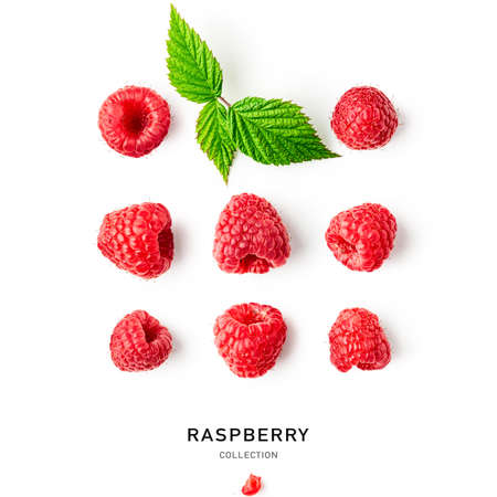 Fresh raspberry fruits and leaves collection and creative pattern isolated on white background. Healthy food concept. Summer red berries composition and layout. Top view, flat lay, design elementsの写真素材