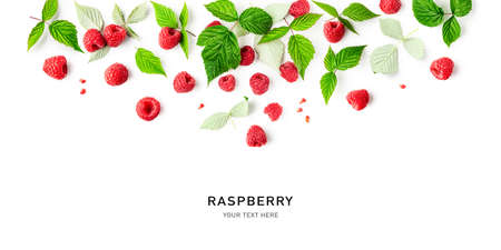 Raspberries and leaves creative layout isolated on white background. Healthy food and dieting...