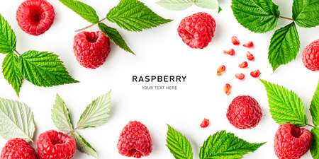 Raspberries and leaves creative layout isolated on white background. Healthy food and dieting...