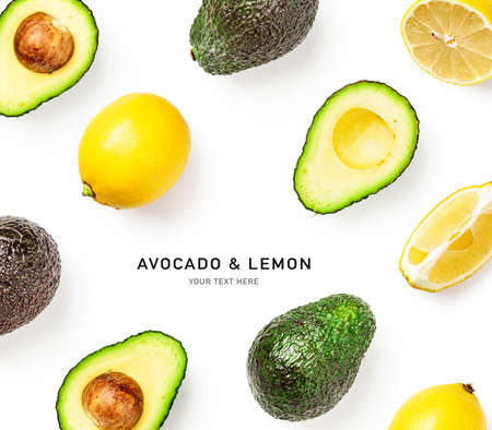 Avocado and lemon creative layout and composition isolated on white background. Food, healthy eating...