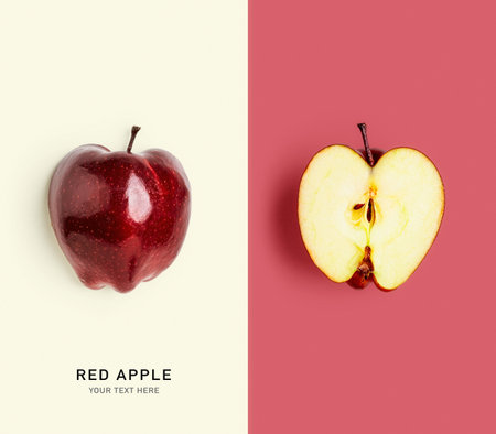 Fresh red apple fruits creative layout. Healthy eating, dieting and food concept. Flat lay, top view. Design elements, color card with copy spaceの写真素材