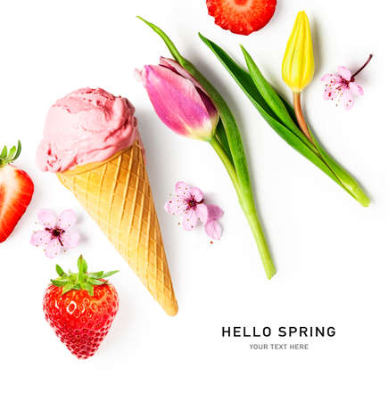 Creative layout with strawberry ice cream, berries, cherry blossom and tulip flowers isolated on...