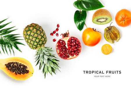 Tropical fruits and leaves creative layout isolated on white background. Healthy eating and food concept. Composition with papaya, pineapple, pomegranate, kiwi, physalis and persimmon. Flat layの写真素材