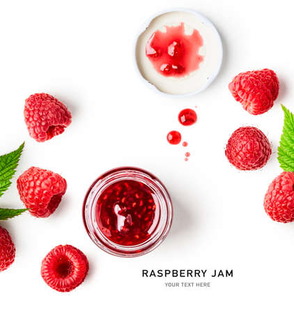 Raspberry jam creative layout isolated on white background. Healthy food and dieting concept. Small glass jar of jam and fresh red berries composition. Top view, flat lay, design elementの写真素材