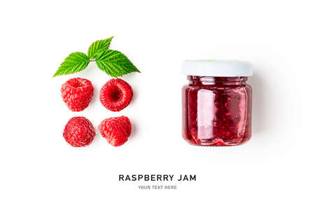 Raspberry jam creative layout isolated on white background. Healthy food and dieting concept. Small glass jar of jam and fresh red berries composition. Top view, flat lay, design elementの写真素材