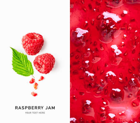 Raspberry jam creative background and fresh red berries with leaf creative card. Healthy eating and...