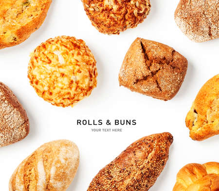 Fresh bread rolls and buns creative layout isolated on white background. Healthy eating and food...
