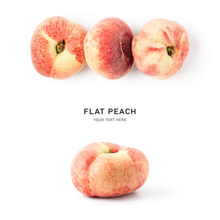 Peach fruit creative composition isolated on white background. Healthy eating and food concept....