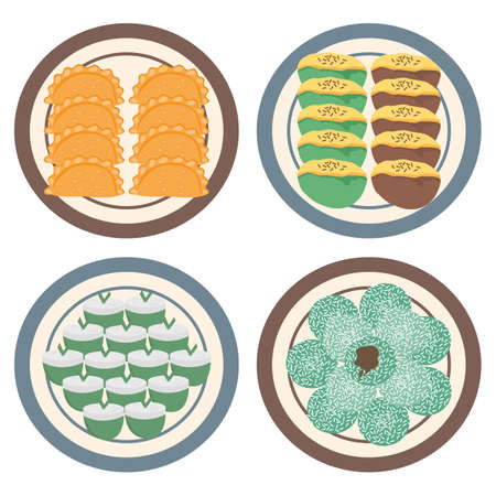Illustration of delicious traditional Indonesia snacks onde onde kue talam risolesのイラスト素材