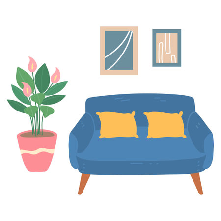 living room interior with armchair, houseplants growing in potsのイラスト素材