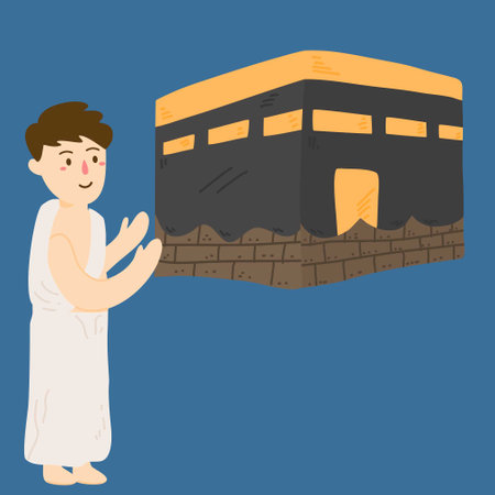 flat hajj illustration with people praying and meccaのイラスト素材