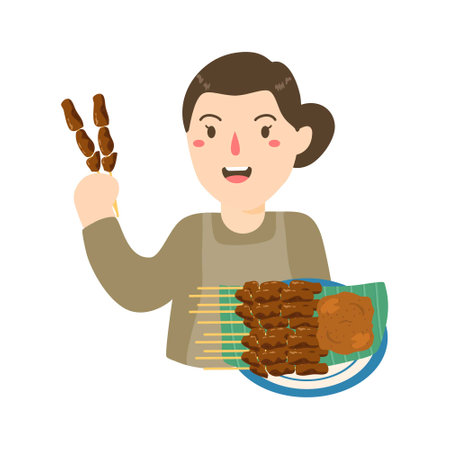 woman selling sate or satayのイラスト素材
