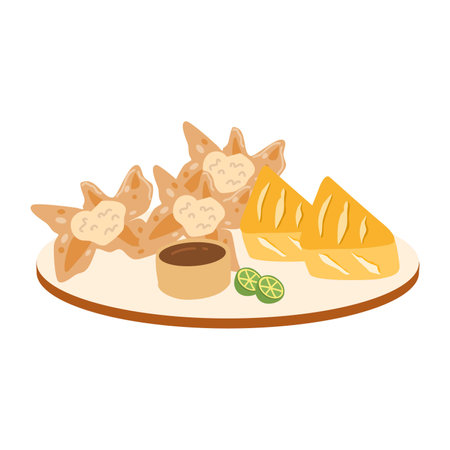 Batagor or fried fish ball. Traditional street food from West Java, Indonesiaのイラスト素材