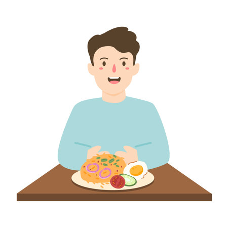 people eating nasi goreng fried rice concept illustrationのイラスト素材