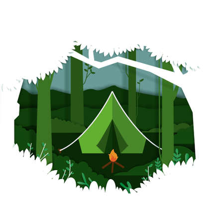 Illustration papercut vector forest camping summer perect for bannerのイラスト素材