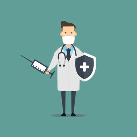 A cartoon of a male doctor holding a shield and syringeのイラスト素材