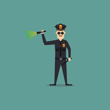 A cartoon police man who holding baton and a flashlightのイラスト素材