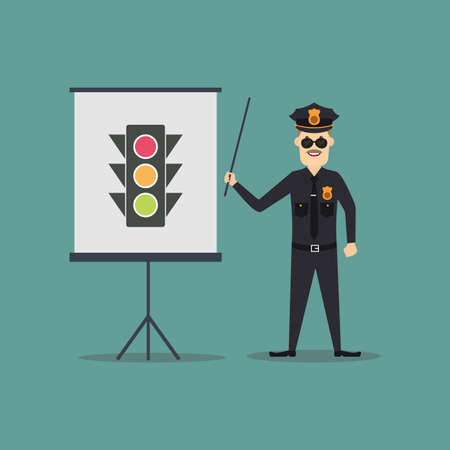 A cartoon police man who presenting about traffic lightsのイラスト素材