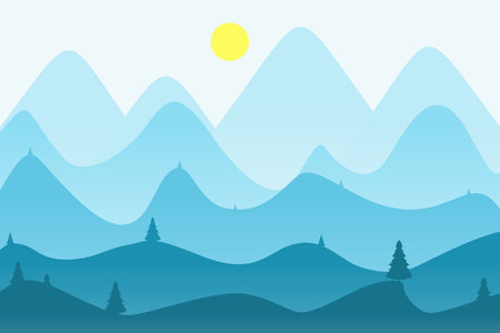 Mountain landscape with silhouettes of forest trees. Perfect to use for Background. Blue Color Silhouetteのイラスト素材