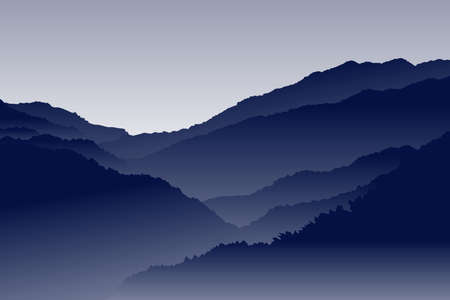 Mountain landscape with silhouettes of forest trees. Perfect to use for Background. Dark Blue Color Silhouetteのイラスト素材