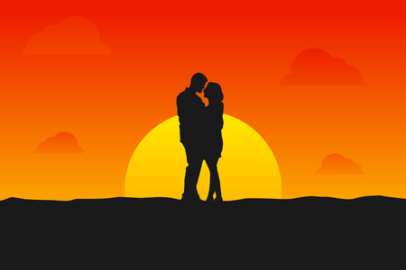 Illustration Vector Graphic of Sunset Couple Silhouette. Perfect to use for Wallpaperのイラスト素材