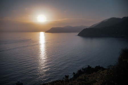 Sunset over the sea, Manarola, Cinque Terre, Italyの写真素材