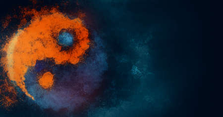 Off-center Yin Yang sign painted on a grunge background with blue and orange colors - watercolor, spray effectの写真素材