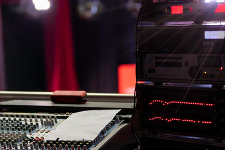 Controls of audio mixing. Console and rack. Show Business. Equipment for recording sound. Musical equipment. Event organization.の写真素材