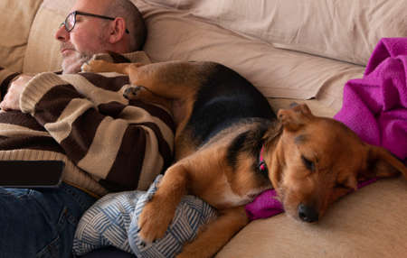 Man on sofa with his dog sleeping on top of himの写真素材