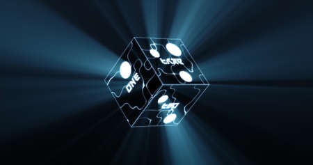 six-sided rotating black die. Faces marked with dots and words. Futuristic style with volumetric light on black background.の写真素材