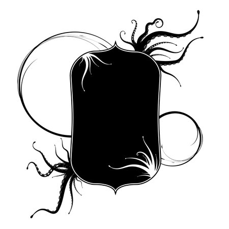 Label frame design with sea monster, kraken or Cthulhu tentacles. Black and white mystic style isolated on white background. vector illustrationのイラスト素材