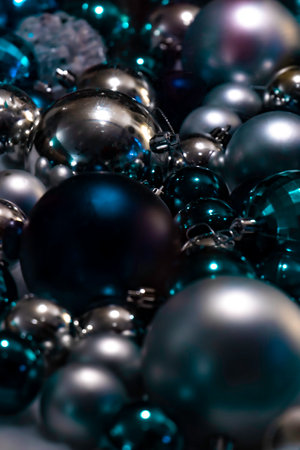 Many blue and silver christmas balls. Close up. Selective focus. Christmas decoration conceptの写真素材