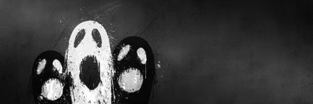 Three ghost silhouettes painted on a scratched concrete wall. Grunge Graffiti style. Black and white illustrationの写真素材