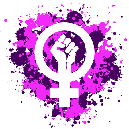 feminist icon with clenched fist. Pink and purple ink splashes. EPS Vector illustrationのイラスト素材