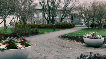 AusturvÃ¶llur Square in the city of ReykjavÃ­k, Iceland. At the end of the cobbled walkway is the AlÃ¾ingishÃºs, the seat of the Icelandic parliamentの写真素材