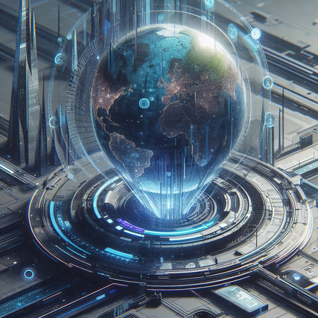 a digital representation of the Earth, illuminated and vibrant, surrounded by a complex structure of advanced technology. Surrounding the Earth is a sophisticated technological system, characterized by sleek designs, metallic surfaces and illuminated elements that give it a futuristic look. Circular structures wrap around the Earth with beams of light emanating from the base, creating an effect that makes the planet appear as if it is being exhibited or analyzedの素材