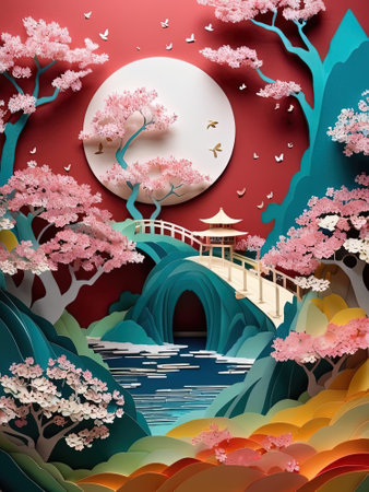 Vibrant and colorful illustration of a serene and picturesque landscape. A large, bright moon illuminates the scene, casting light on the surrounding elements. Cherry trees with pink blossoms add a touch of springtime beauty. Birds fly around the moon. A traditional bridge arches over a still body of water reflecting the moonlight. The overall mood is peaceful and tranquil, evoking feelings of harmony with natureの素材