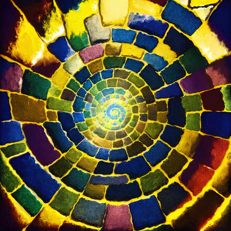 A spiral pattern of vibrant colors that resembles a mosaic or stained glass window. The colors are bright and varied, including shades of yellow, green, blue, red and purple. The pattern is made up of irregularly shaped pieces that fit together to create the spiral design. It gives an impression of depth, as the spiral seems to lead to the center of the image, where it becomes brighter. There is a shiny or shimmering texture visible on the surface of the colored pieces, which reflects light and adds visual interestの素材