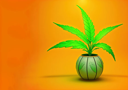 a cannabis plant with large leaves emerging from a small round pot against a gradient orange background. The plant has five green leaves characteristic of cannabis. The pot is round, decorated with leaf designs that match the plant it contains. The background goes from a lighter orange at the top to a darker shade towards the bottom, giving a warm and cozy atmosphereの素材