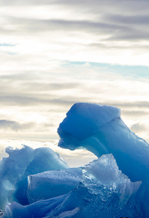 A large piece of ice is floating in the ocean. The sky is cloudy and the sun is barely visible