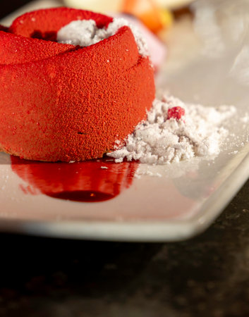 A red dessert over a white plate. The dessert is a rose-shaped cake with a white powder on top and strawberry coulisの写真素材