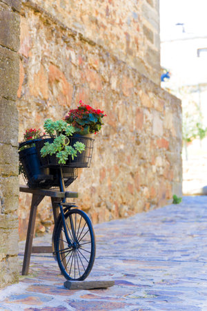 A bicycle with a basket full of flowers is parked on a sidewalk. The flowers are in a variety of colors and are arranged in the basket. The scene has a peaceful and calming mood. Hipster decorの写真素材