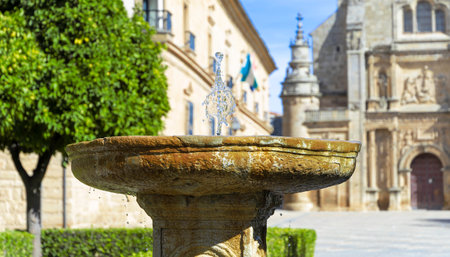 A fountain with water shooting out of it in front of a building. The fountain is surrounded by trees and bushes.In the background, the Sacred Chapel of the Savior in Ubeda, Spainの写真素材